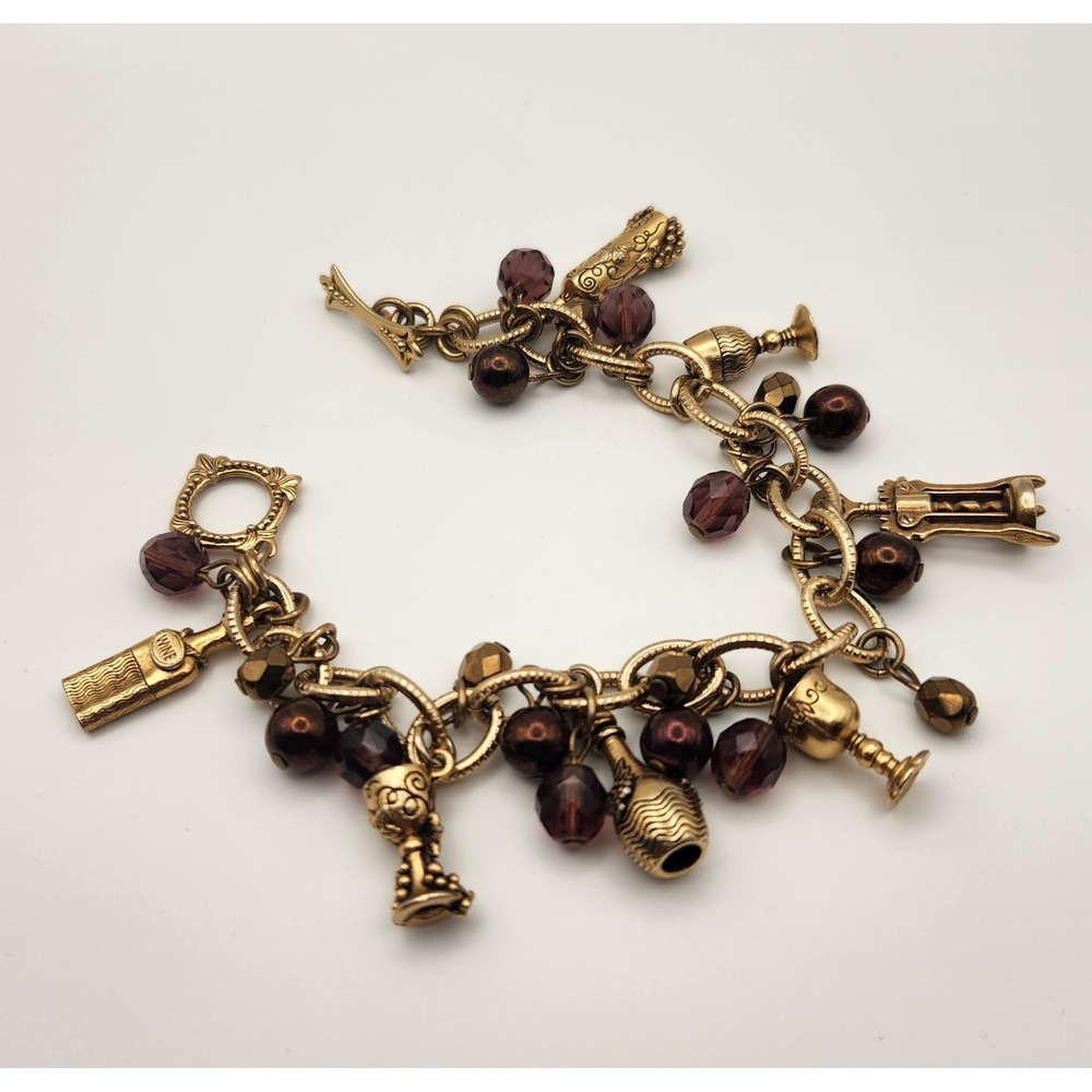 Vintage Wine Charm Bracelet Purple Burgundy Beads Gold Tone 7.5"